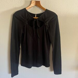 Free People Slub Knit Shirt Women M Black Long Sleeves Round Neck Tie Detail
